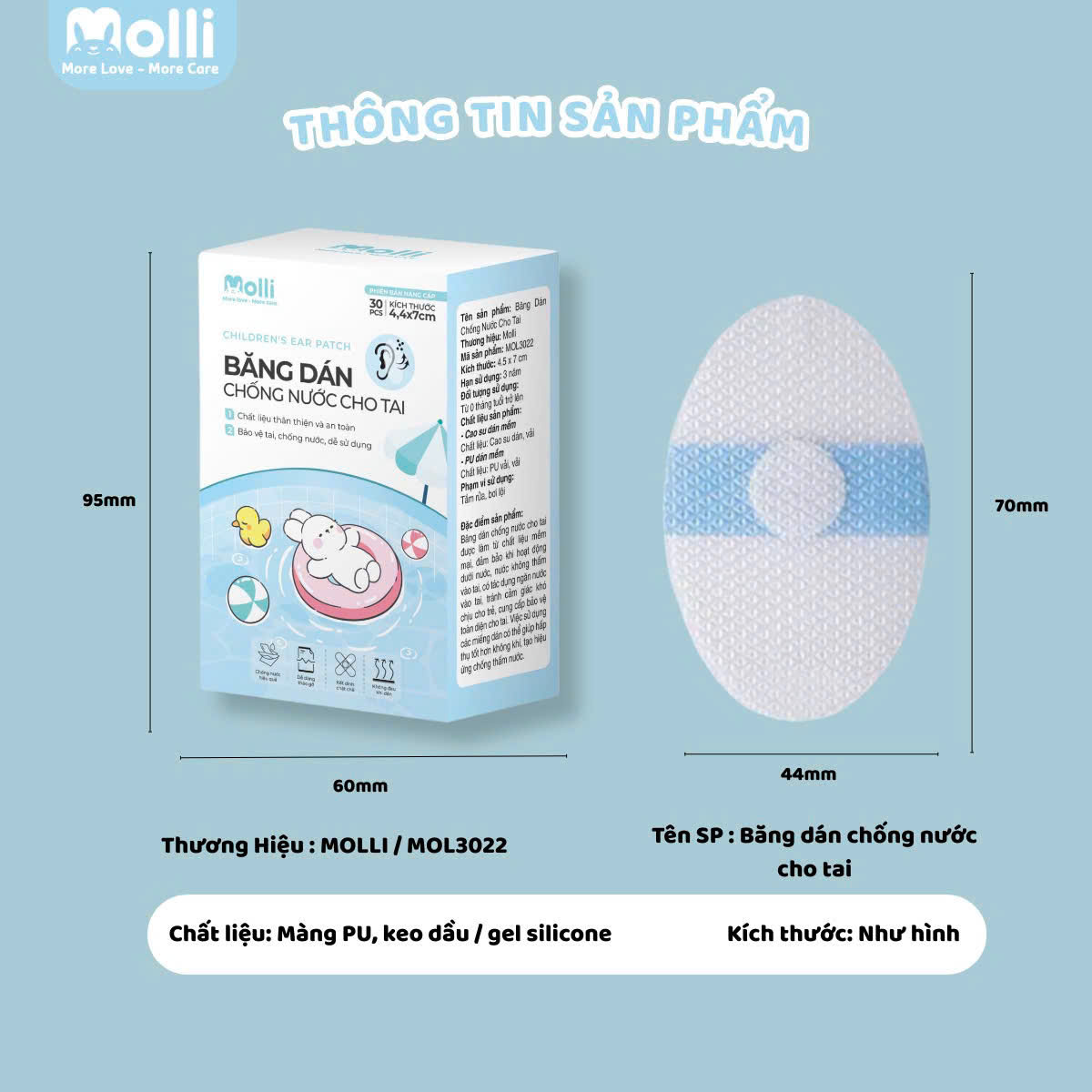 Hộp 30 miếng băng dán chống nước cho tai Molli khi tắm gội đầu, đi bơi cho bé