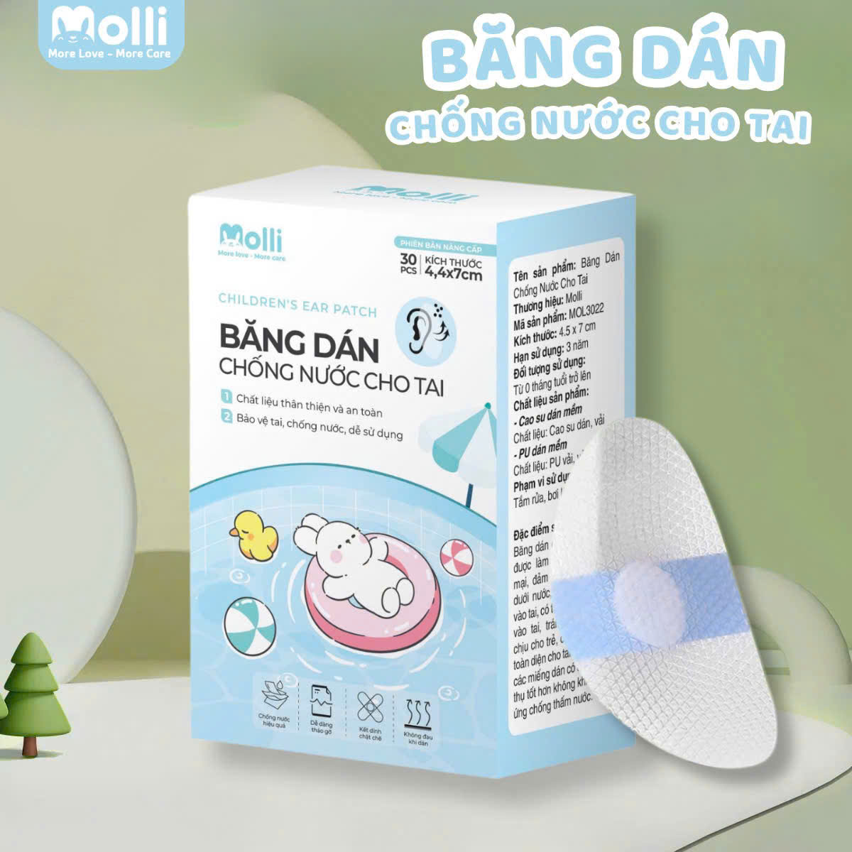 Hộp 30 miếng băng dán chống nước cho tai Molli khi tắm gội đầu, đi bơi cho bé