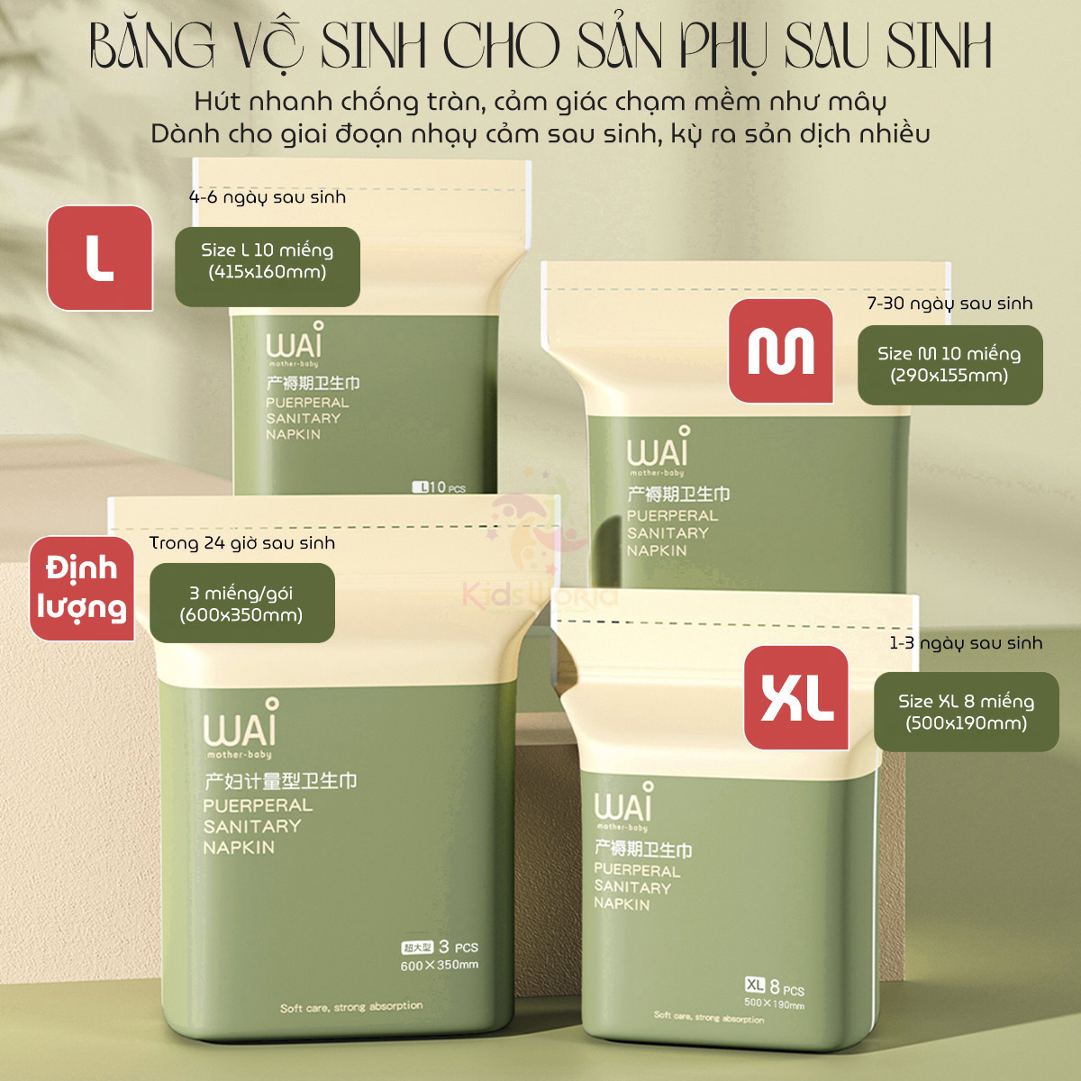 Băng vệ sinh cho mẹ sau sinh Wai Puerperal Sanitary Napkin đủ size dùng trong 1 tháng, thấm hút gấp 20 lần, khô thoáng
