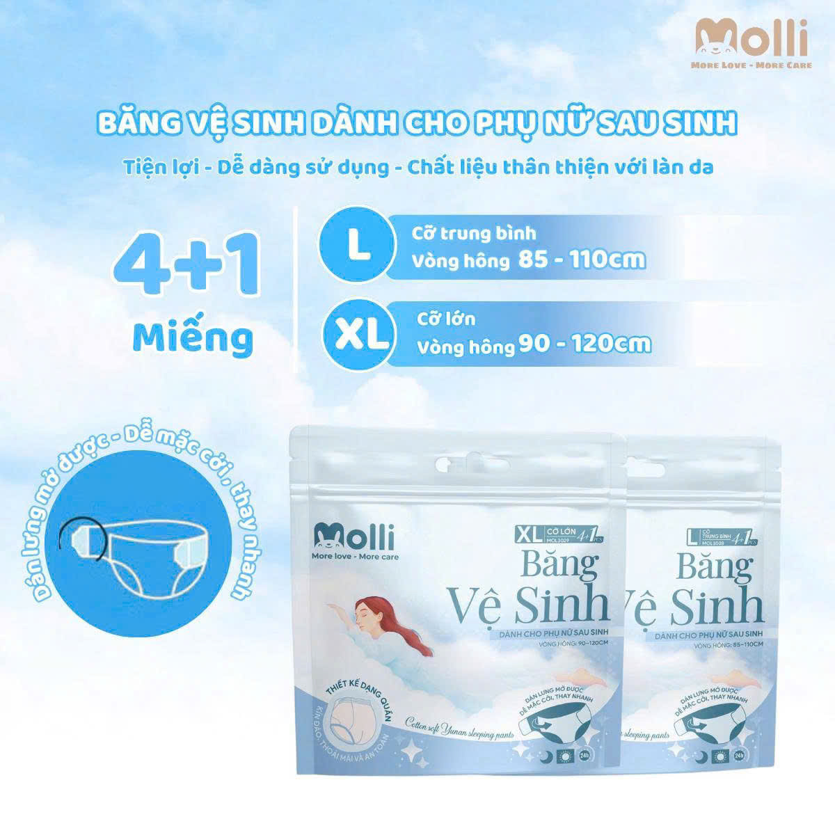 Băng vệ sinh dạng quần cho mẹ bầu sau sinh Molli thoáng khí siêu thấm hút co giãn thoải mái
