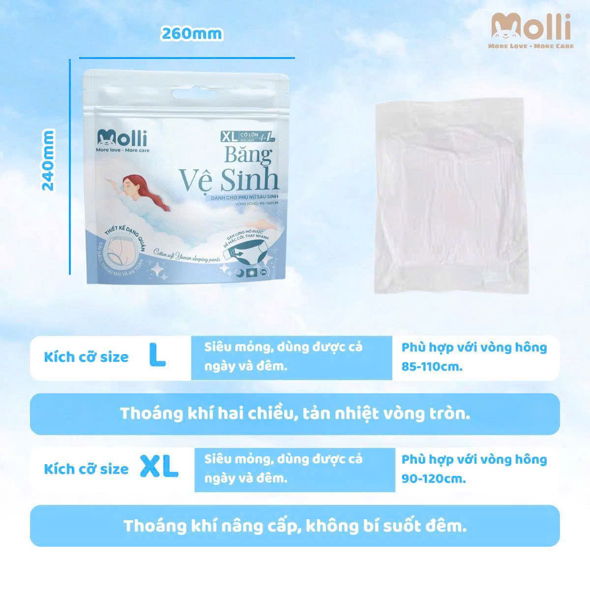 Băng vệ sinh dạng quần cho mẹ bầu sau sinh Molli thoáng khí siêu thấm hút co giãn thoải mái