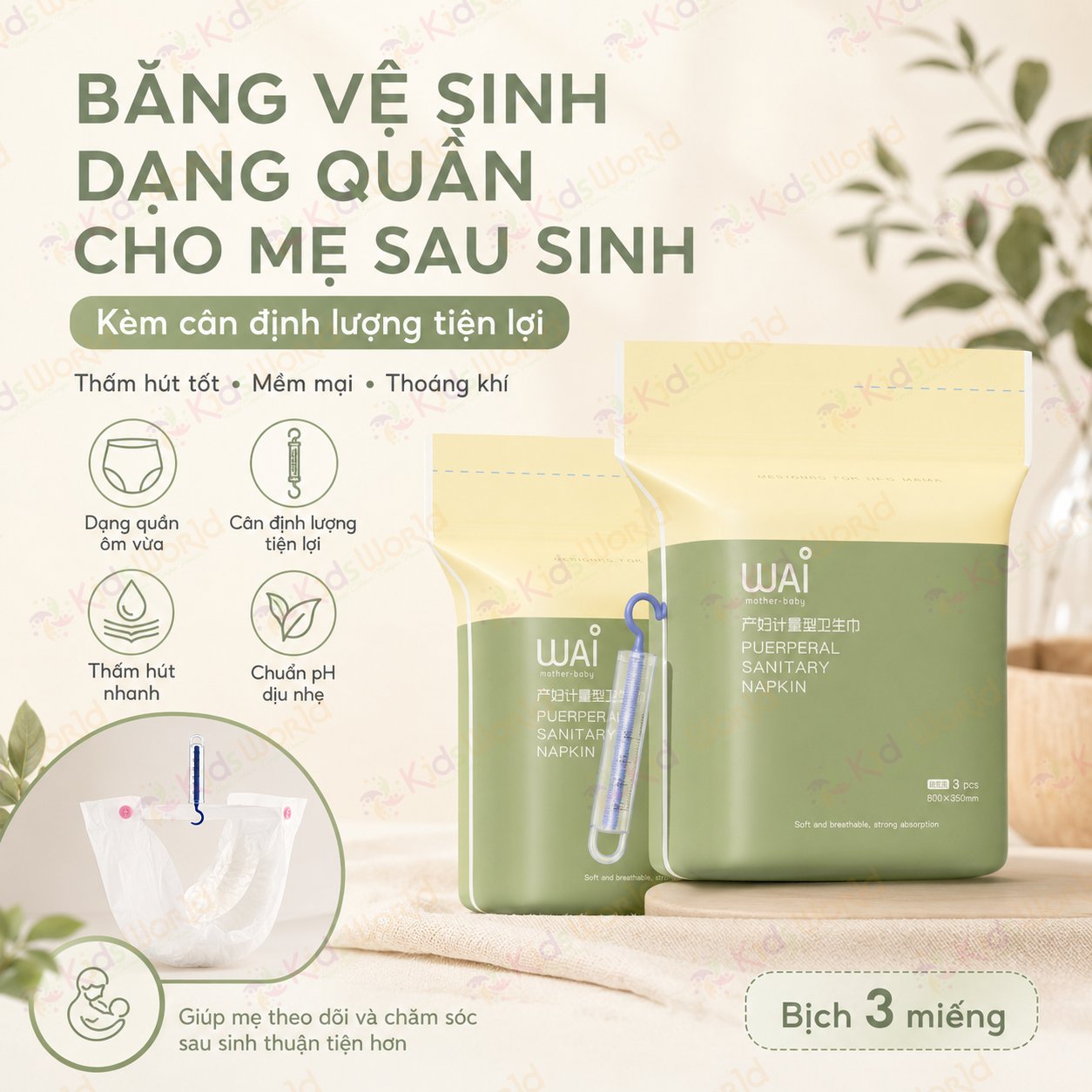 Băng vệ sinh dạng quần cho mẹ sau sinh Wai Puerperal Sanitary Napkin bịch 3 miếng thấm hút tốt có cân định lượng tiện lợi