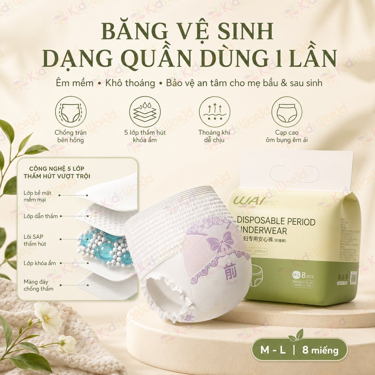 Băng vệ sinh dạng quần dùng 1 lần WAI Disposable Period Underwear chống tràn 3D thiết kế dành cho mẹ bầu, mẹ sau sinh, phụ nữ trong kỳ kinh nguyệt lượng nhiều
