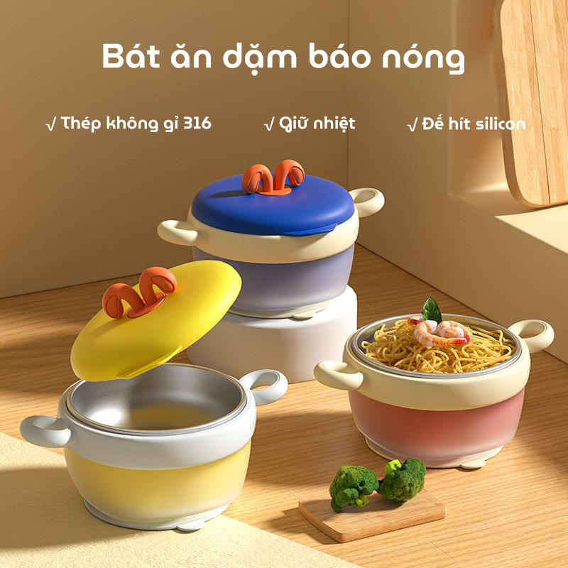 Bát ăn dặm cho bé, chén cho bé ăn dặm Youkebei Inox 316 cao cấp giữ nhiệt và cảm biến nhiệt độ thông minh dung tích 300ml đế hít silicone chống đổ