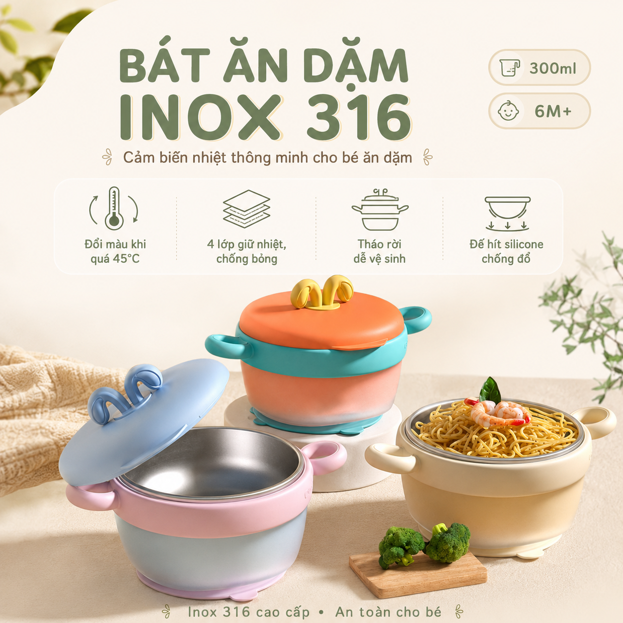 Bát ăn dặm cho bé, chén cho bé ăn dặm Youkebei Inox 316 cao cấp giữ nhiệt và cảm biến nhiệt độ thông minh dung tích 300ml đế hít silicone chống đổ