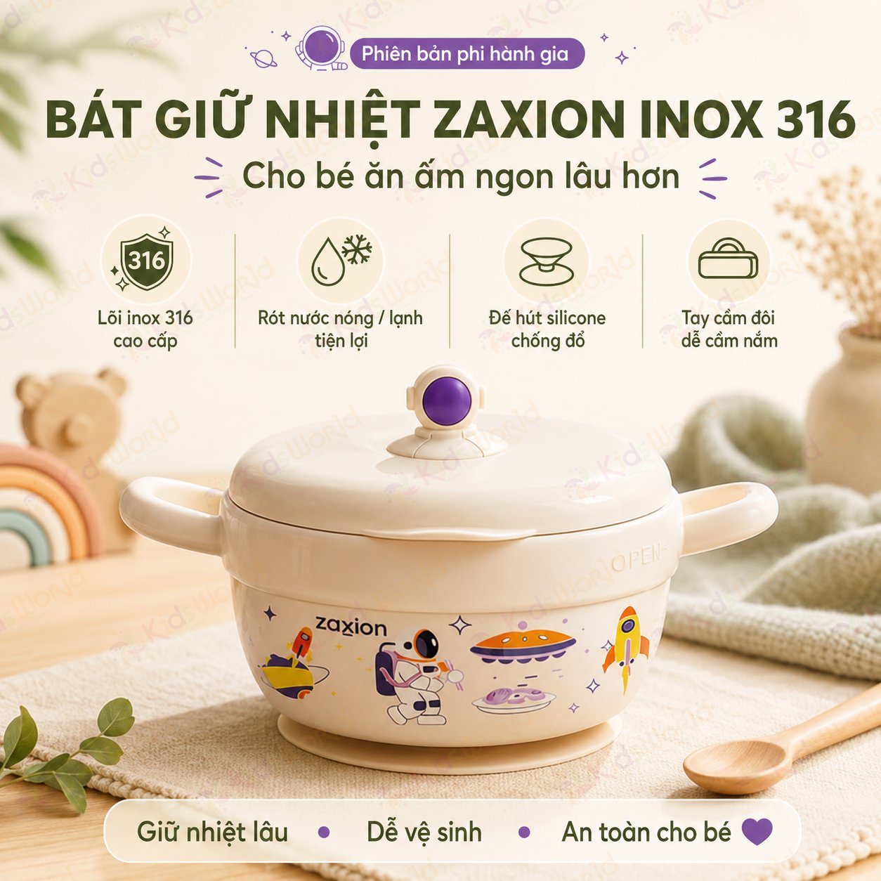 Bát ăn dặm cho bé giữ nhiệt Zaxion phiên bản phi hành gia inox 316 cao cấp, đế hút chống đổ, tay cầm đôi cho bé từ 6 tháng