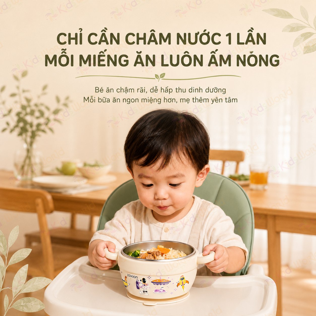 Bát ăn dặm cho bé giữ nhiệt Zaxion phiên bản phi hành gia inox 316 cao cấp, đế hút chống đổ, tay cầm đôi cho bé từ 6 tháng