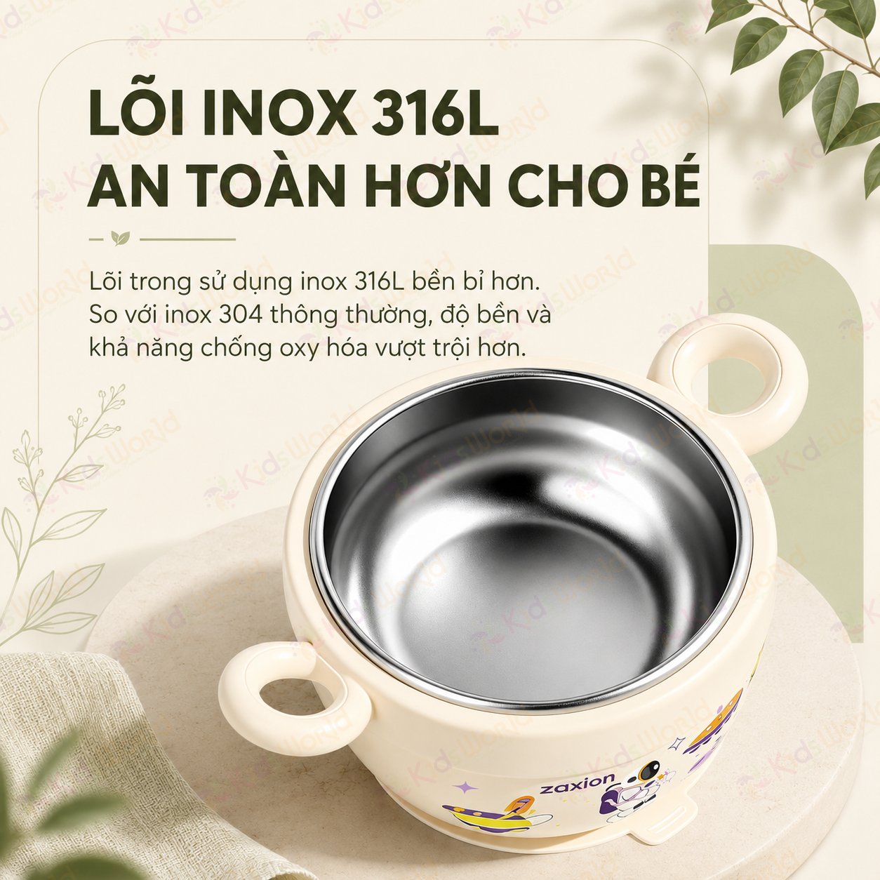 Bát ăn dặm cho bé giữ nhiệt Zaxion phiên bản phi hành gia inox 316 cao cấp, đế hút chống đổ, tay cầm đôi cho bé từ 6 tháng