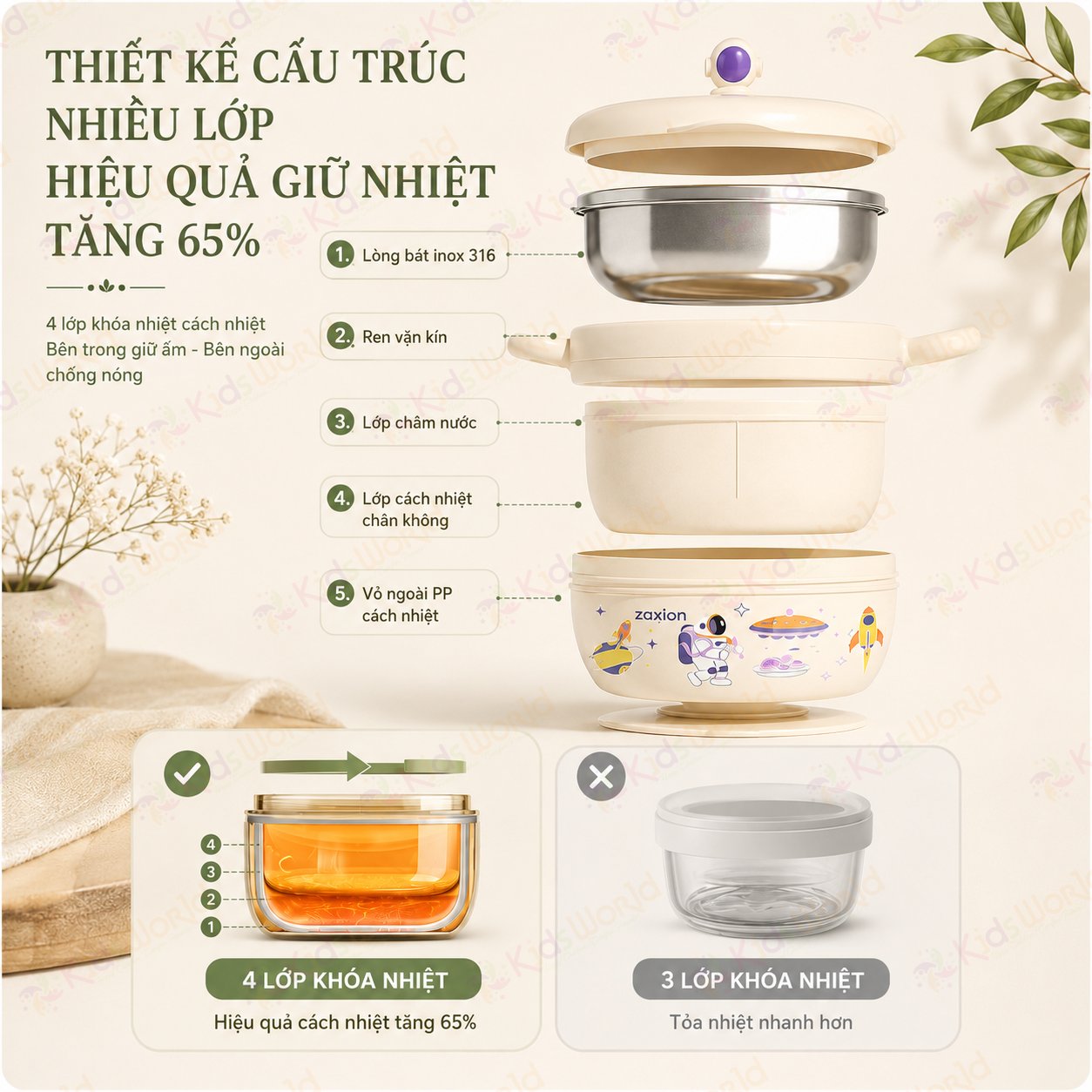 Bát ăn dặm cho bé giữ nhiệt Zaxion phiên bản phi hành gia inox 316 cao cấp, đế hút chống đổ, tay cầm đôi cho bé từ 6 tháng