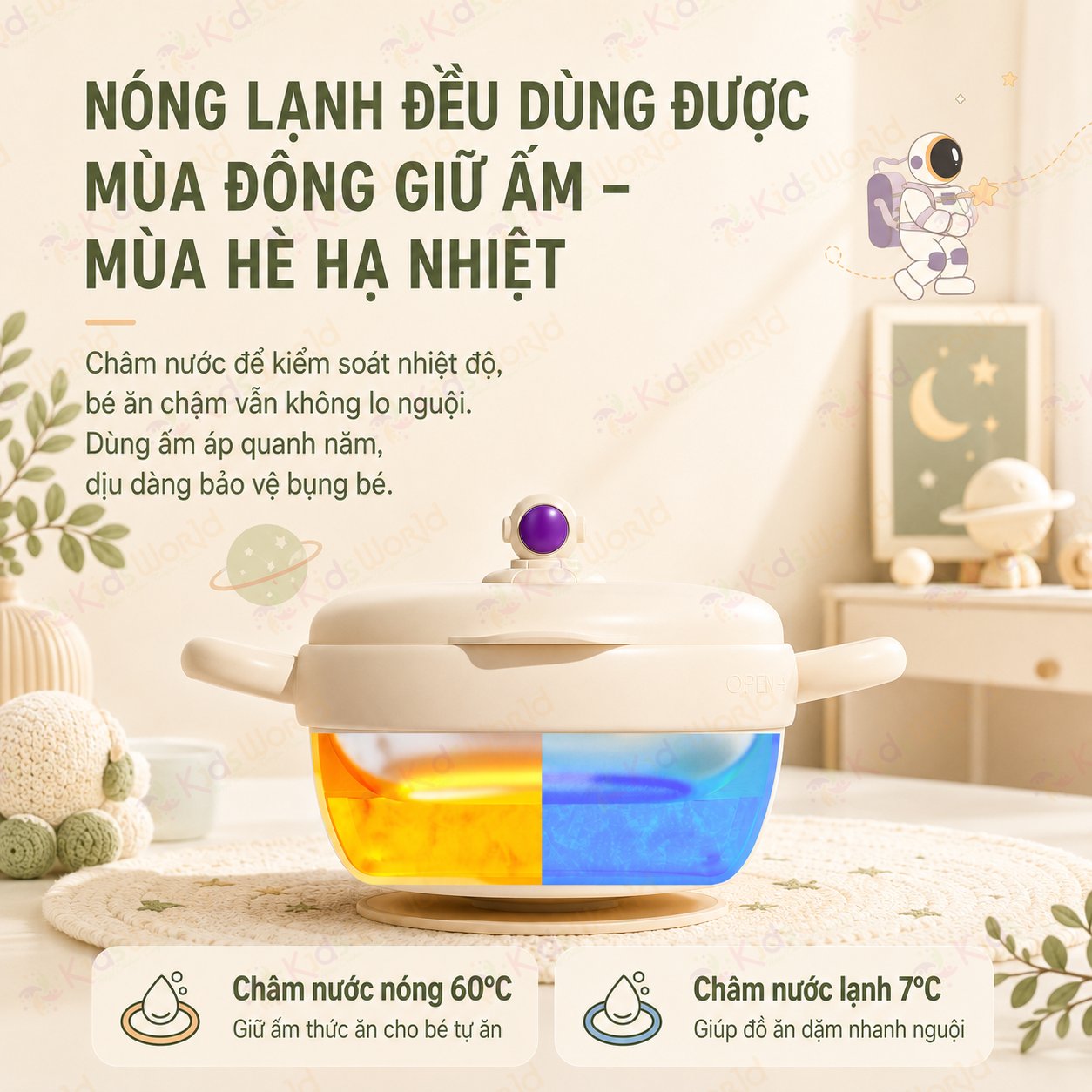 Bát ăn dặm cho bé giữ nhiệt Zaxion phiên bản phi hành gia inox 316 cao cấp, đế hút chống đổ, tay cầm đôi cho bé từ 6 tháng