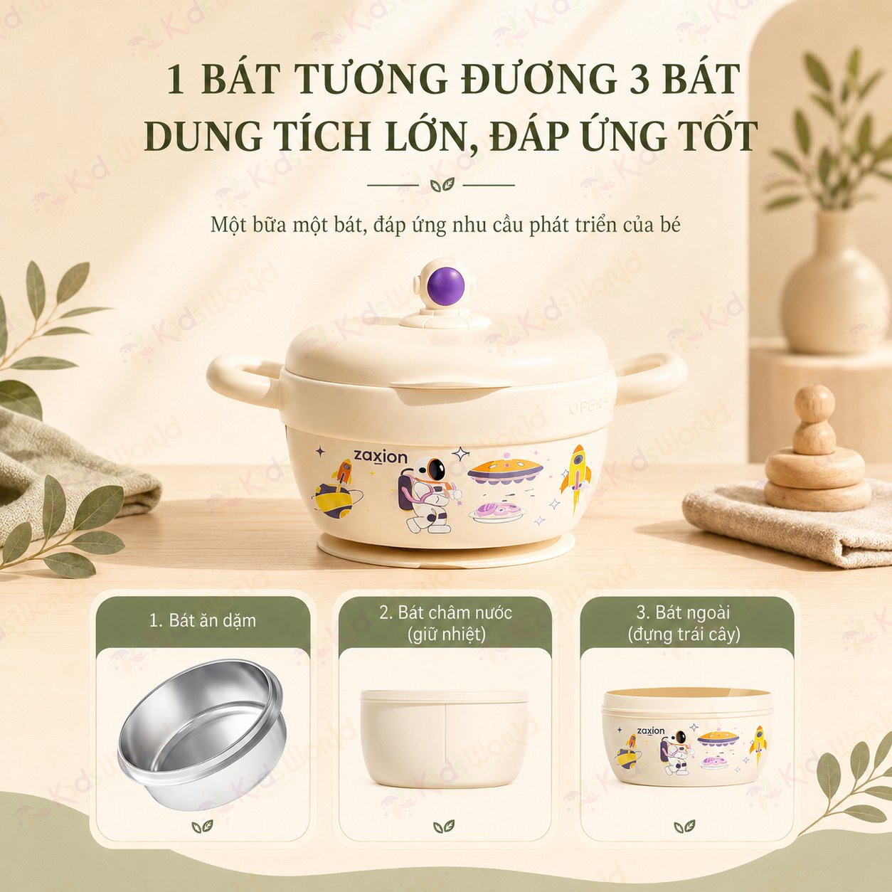 Bát ăn dặm cho bé giữ nhiệt Zaxion phiên bản phi hành gia inox 316 cao cấp, đế hút chống đổ, tay cầm đôi cho bé từ 6 tháng