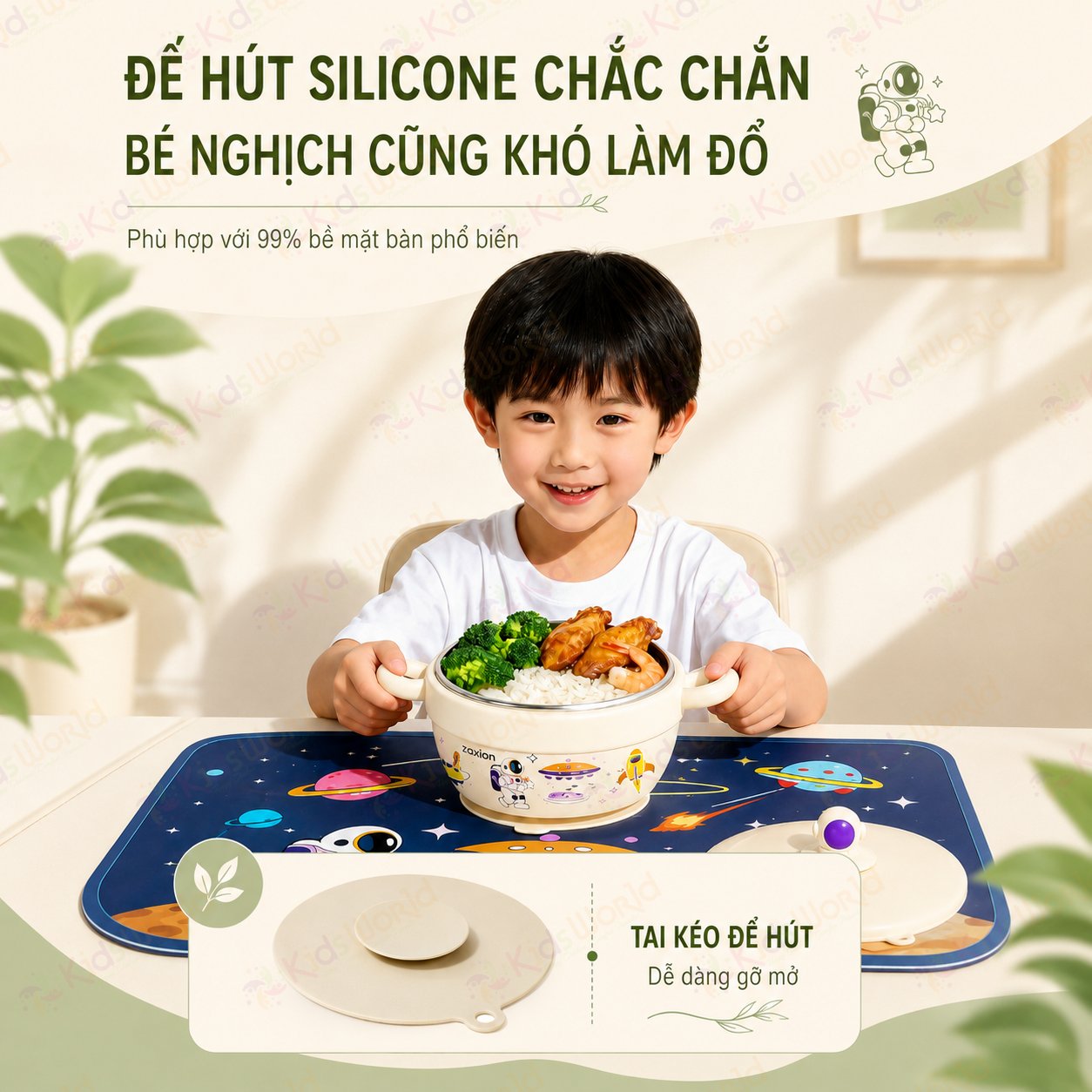 Bát ăn dặm cho bé giữ nhiệt Zaxion phiên bản phi hành gia inox 316 cao cấp, đế hút chống đổ, tay cầm đôi cho bé từ 6 tháng