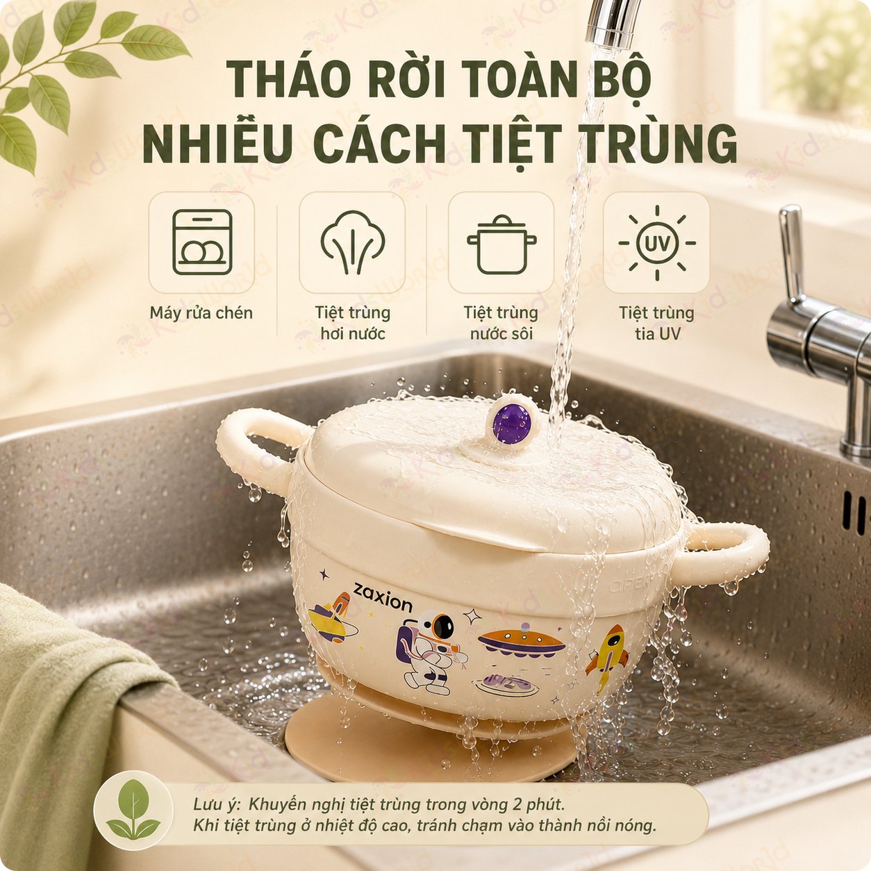 Bát ăn dặm cho bé giữ nhiệt Zaxion phiên bản phi hành gia inox 316 cao cấp, đế hút chống đổ, tay cầm đôi cho bé từ 6 tháng