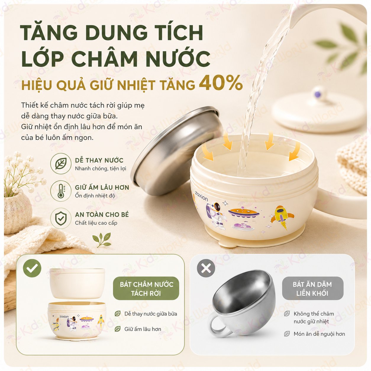 Bát ăn dặm cho bé giữ nhiệt Zaxion phiên bản phi hành gia inox 316 cao cấp, đế hút chống đổ, tay cầm đôi cho bé từ 6 tháng
