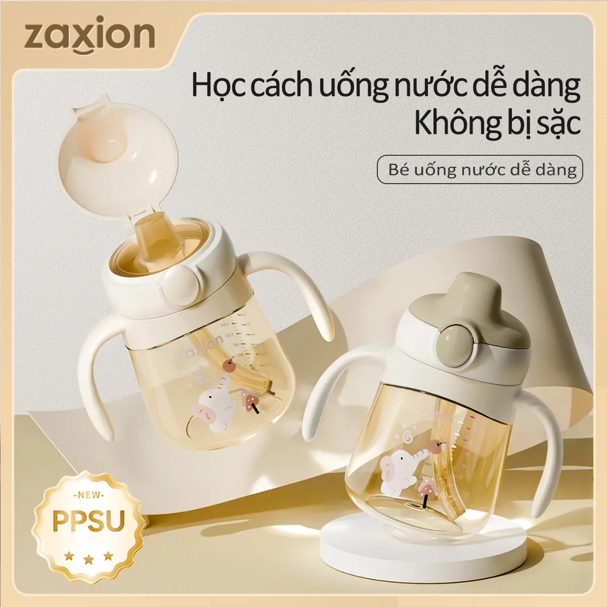 Bình tập hút, tập uống cho bé Zaxion 280ml nhựa PPSU cao cấp, thiết kế mỏ vịt chống sặc, an toàn tuyệt đối