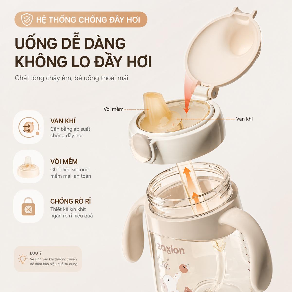 Bình tập hút, tập uống cho bé Zaxion 280ml nhựa PPSU cao cấp, thiết kế mỏ vịt chống sặc, an toàn tuyệt đối