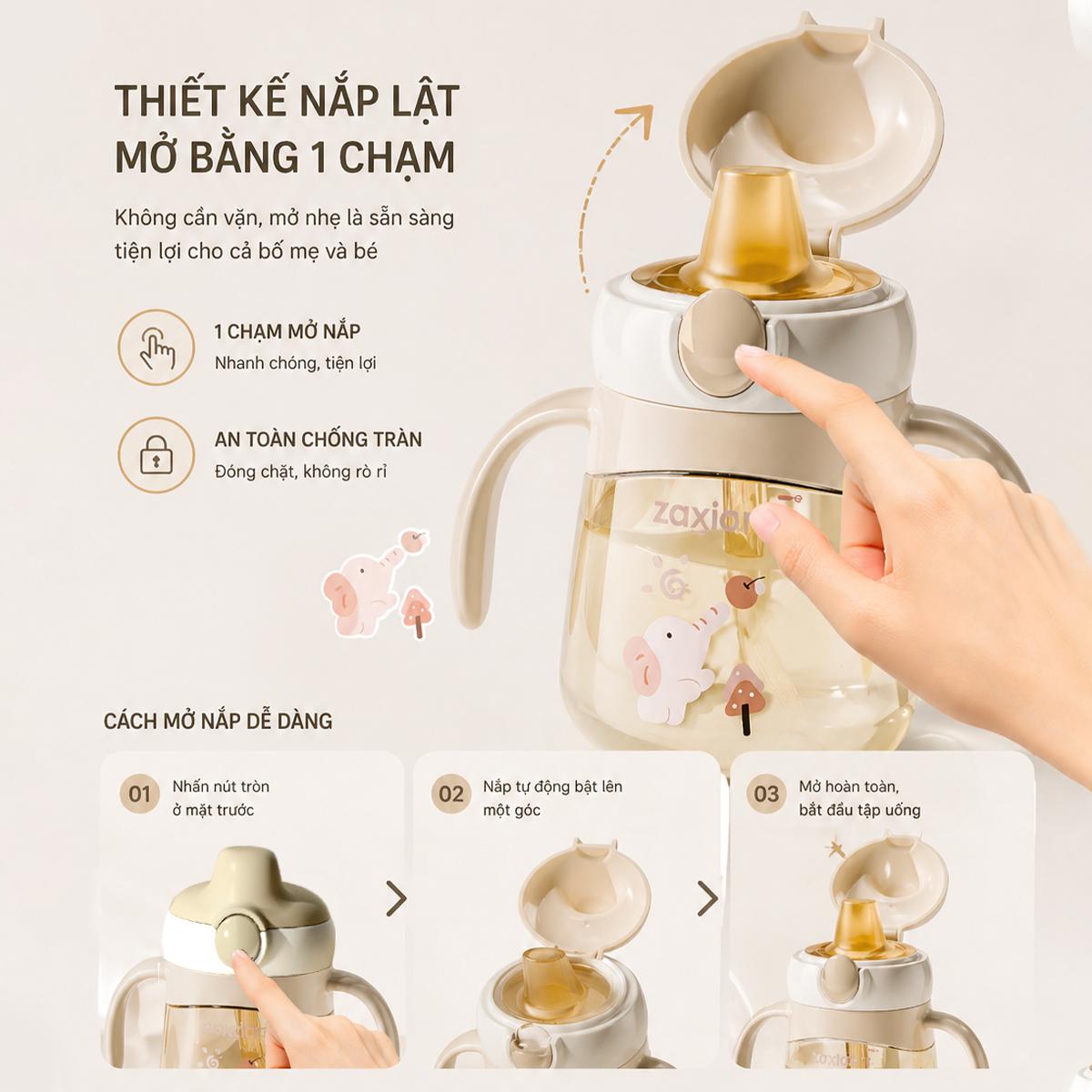 Bình tập hút, tập uống cho bé Zaxion 280ml nhựa PPSU cao cấp, thiết kế mỏ vịt chống sặc, an toàn tuyệt đối