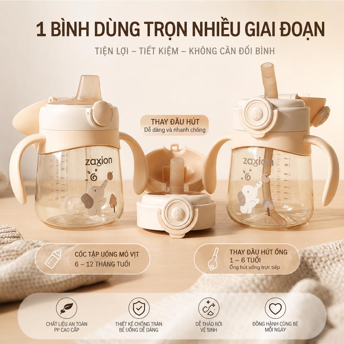 Bình tập hút, tập uống cho bé Zaxion 280ml nhựa PPSU cao cấp, thiết kế mỏ vịt chống sặc, an toàn tuyệt đối