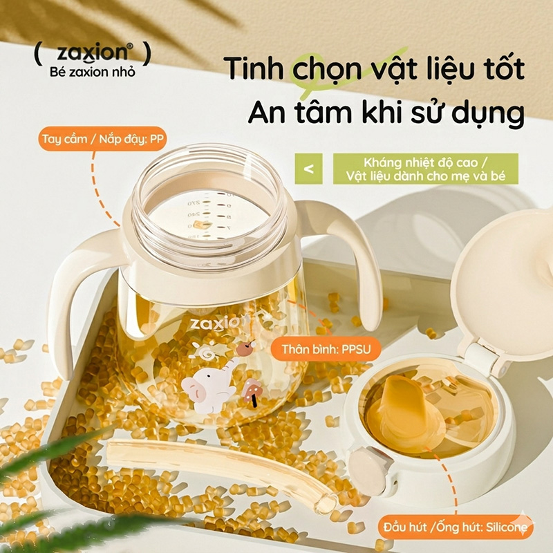 Bình tập hút, tập uống cho bé Zaxion 280ml nhựa PPSU cao cấp, thiết kế mỏ vịt chống sặc, an toàn tuyệt đối