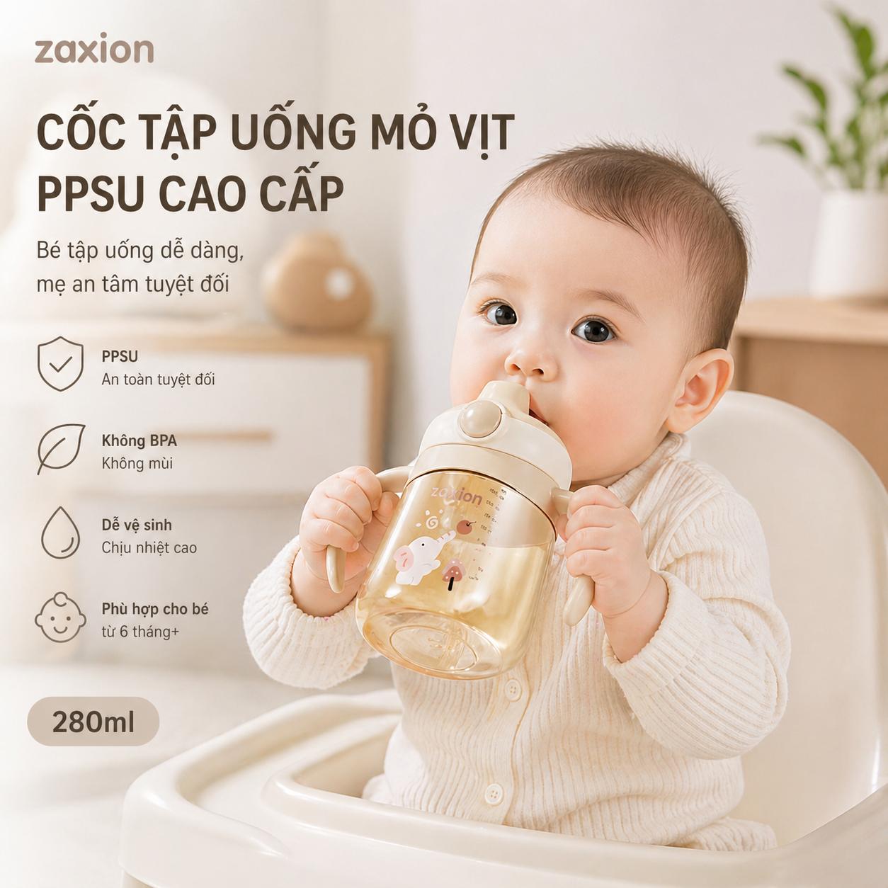 Bình tập hút, tập uống cho bé Zaxion 280ml nhựa PPSU cao cấp, thiết kế mỏ vịt chống sặc, an toàn tuyệt đối