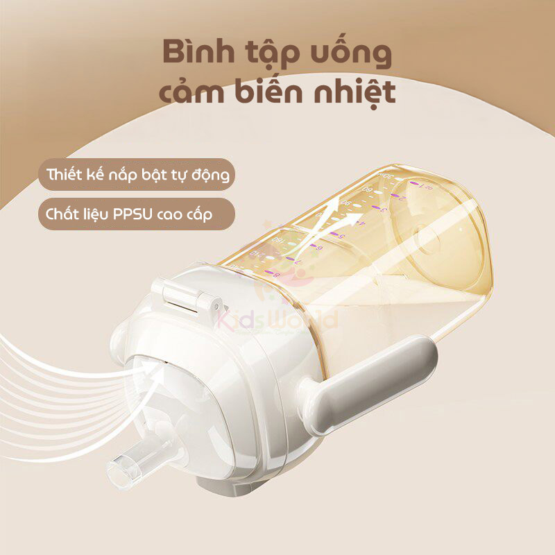 Bình tập uống cho bé Youkebei, Zaxion PPSU thế hệ mới, chống đầy hơi, nắp bật tự động & cảm biến nhiệt thông minh