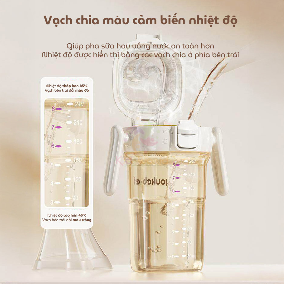 Bình tập uống cho bé Youkebei, Zaxion PPSU thế hệ mới, chống đầy hơi, nắp bật tự động & cảm biến nhiệt thông minh