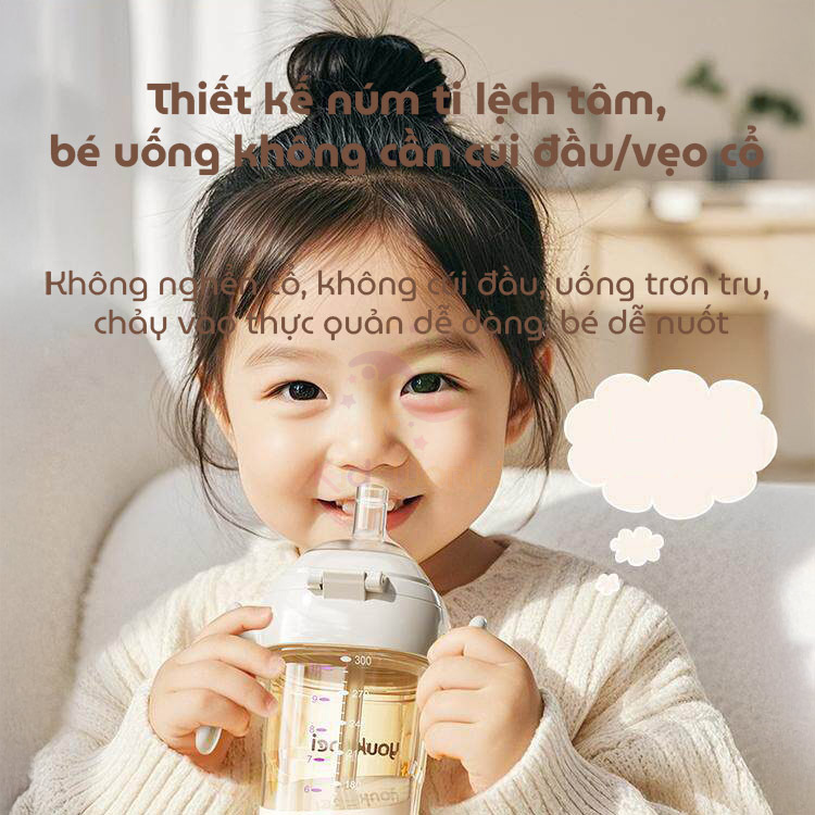 Bình tập uống cho bé Youkebei, Zaxion PPSU thế hệ mới, chống đầy hơi, nắp bật tự động & cảm biến nhiệt thông minh