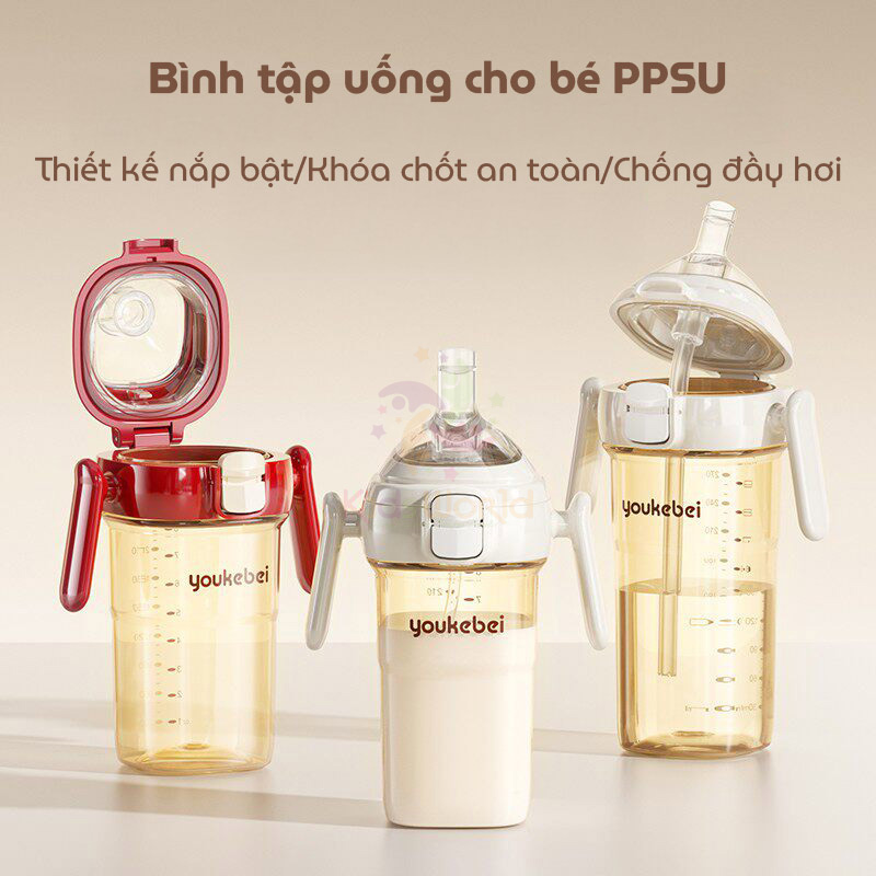 Bình tập uống cho bé Youkebei, Zaxion PPSU thế hệ mới, chống đầy hơi, nắp bật tự động & cảm biến nhiệt thông minh