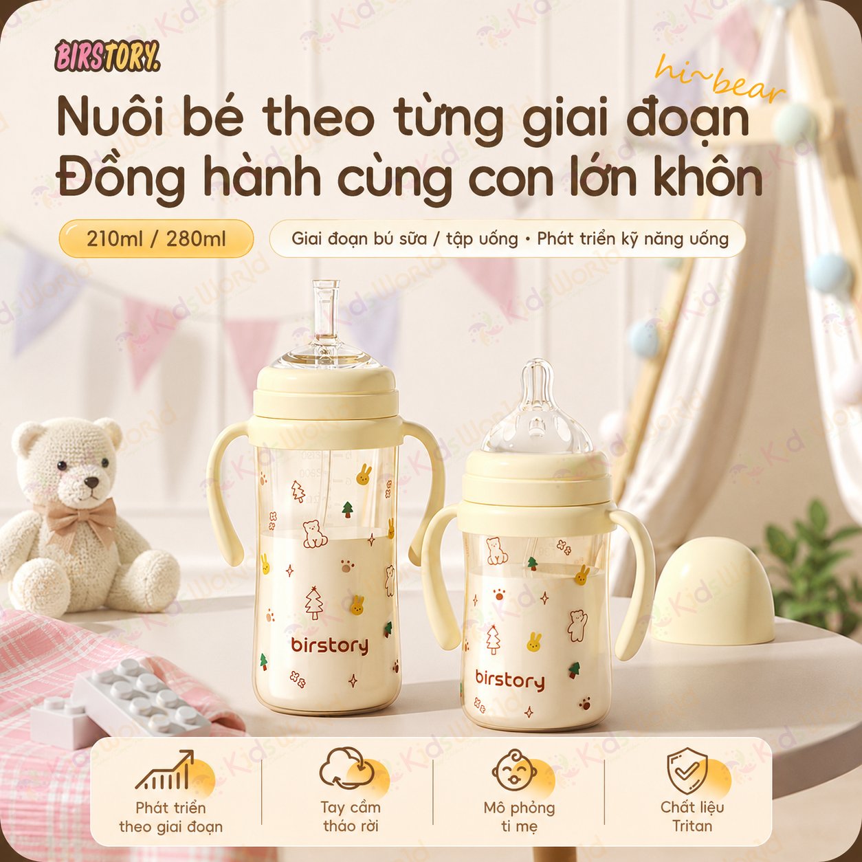 Bình tập uống nước cho bé Birstory 210ml, 280ml ống hút silicon chống sặc cho bé tập hút tập uống an toàn