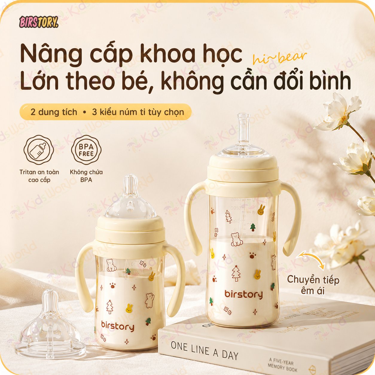 Bình tập uống nước cho bé Birstory 210ml, 280ml ống hút silicon chống sặc cho bé tập hút tập uống an toàn