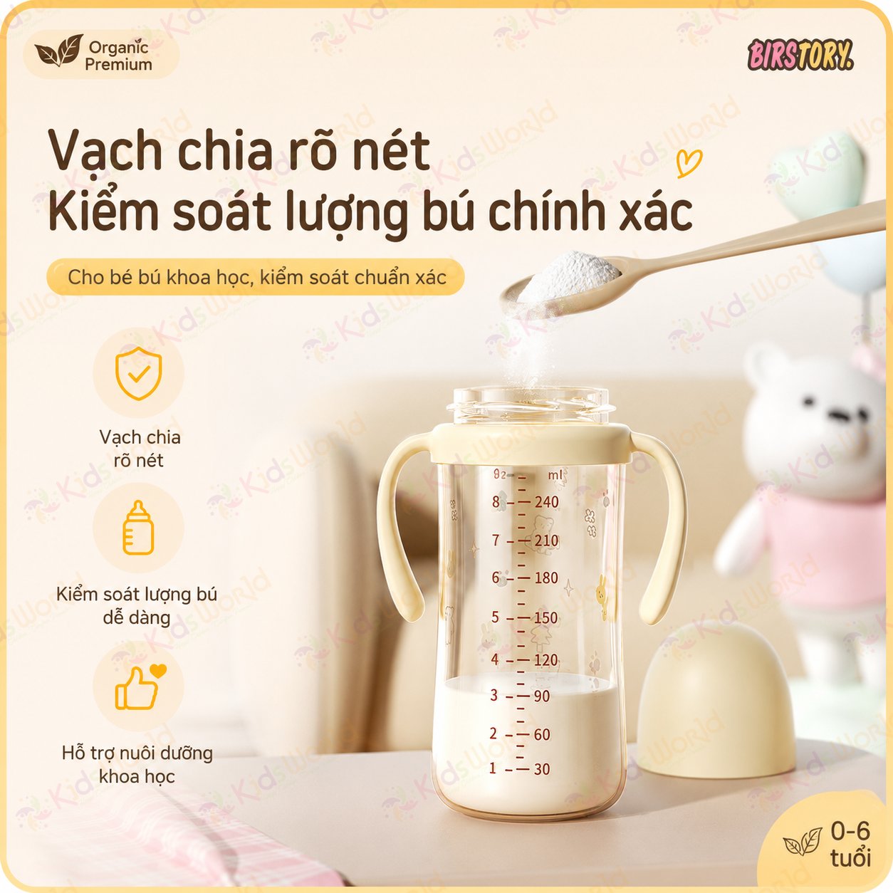 Bình tập uống nước cho bé Birstory 210ml, 280ml ống hút silicon chống sặc cho bé tập hút tập uống an toàn