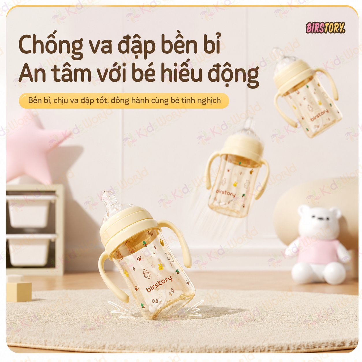 Bình tập uống nước cho bé Birstory 210ml, 280ml ống hút silicon chống sặc cho bé tập hút tập uống an toàn