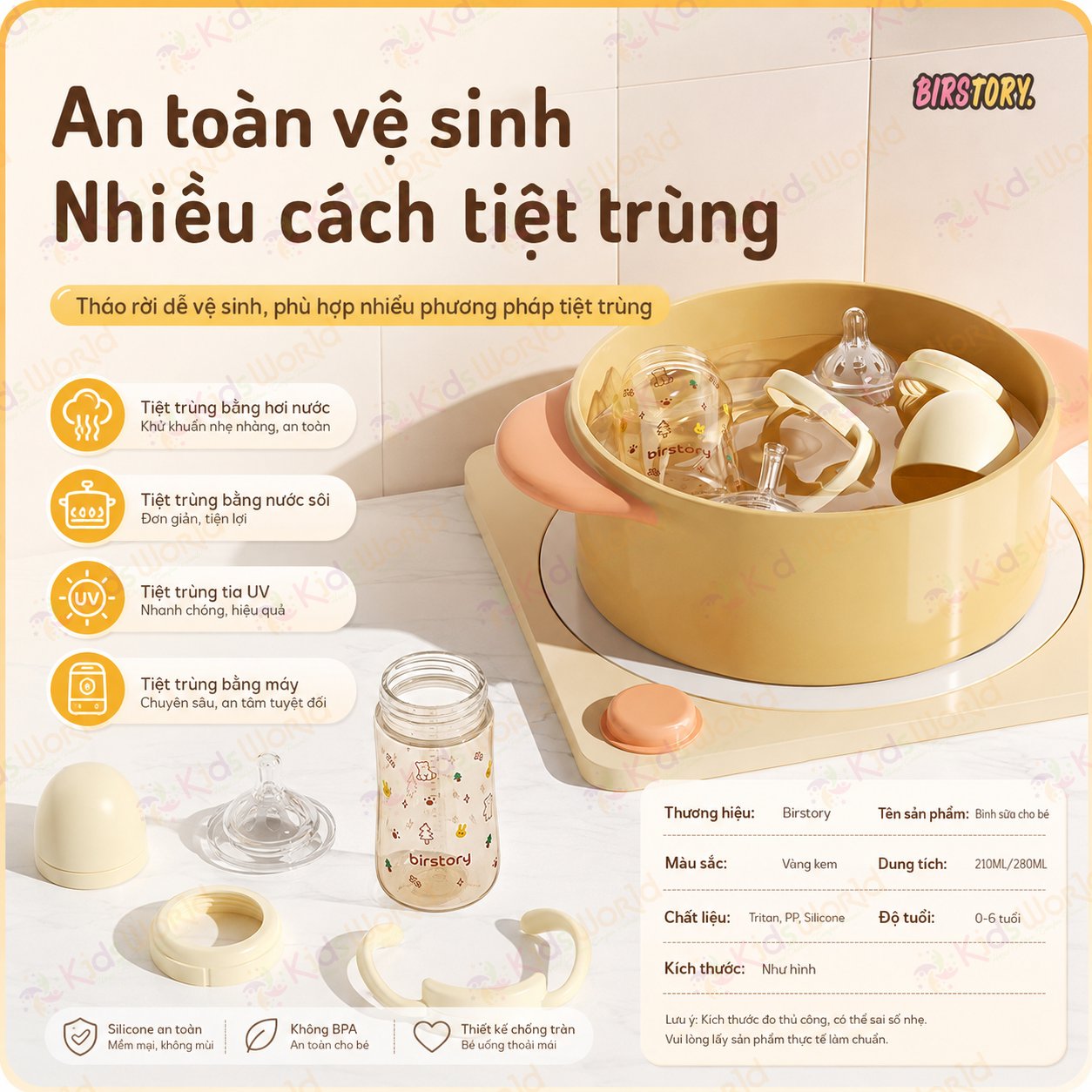 Bình tập uống nước cho bé Birstory 210ml, 280ml ống hút silicon chống sặc cho bé tập hút tập uống an toàn