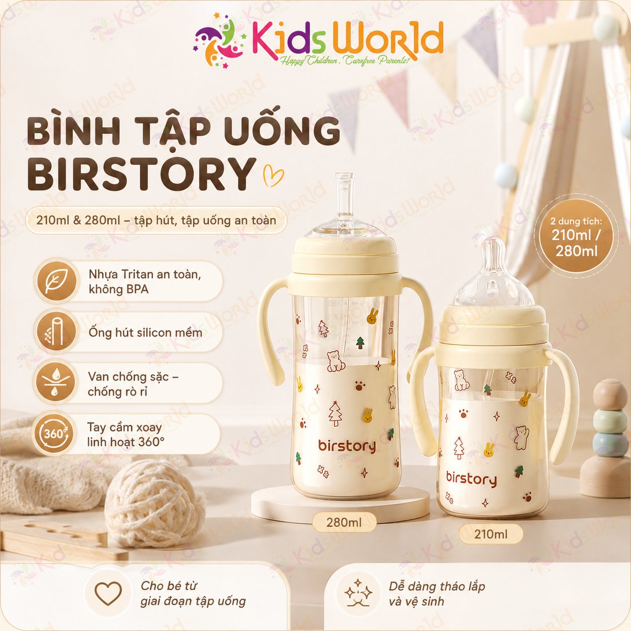 Bình tập uống nước cho bé Birstory 210ml, 280ml ống hút silicon chống sặc cho bé tập hút tập uống an toàn