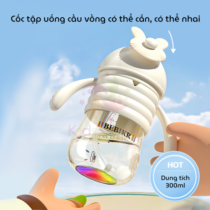 Bình tập hút, tập uống cho bé BEBIKR RainBow Cup dung tích 300ml chất liệu PPSU cao cấp, vạch chia cảm biến nhiệt độ, chống sặc