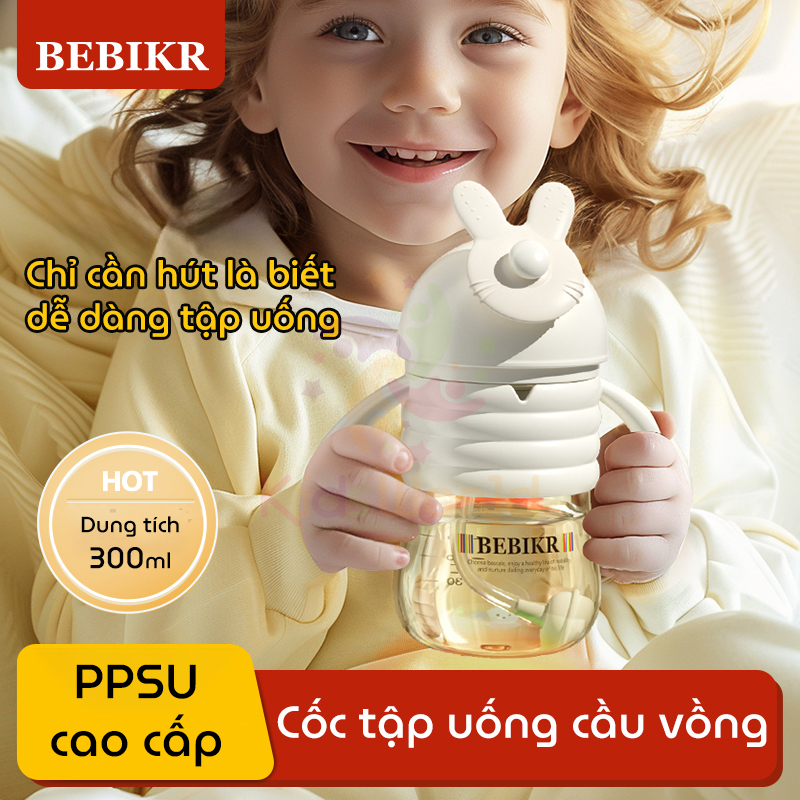 Bình tập hút, tập uống cho bé BEBIKR RainBow Cup dung tích 300ml chất liệu PPSU cao cấp, vạch chia cảm biến nhiệt độ, chống sặc