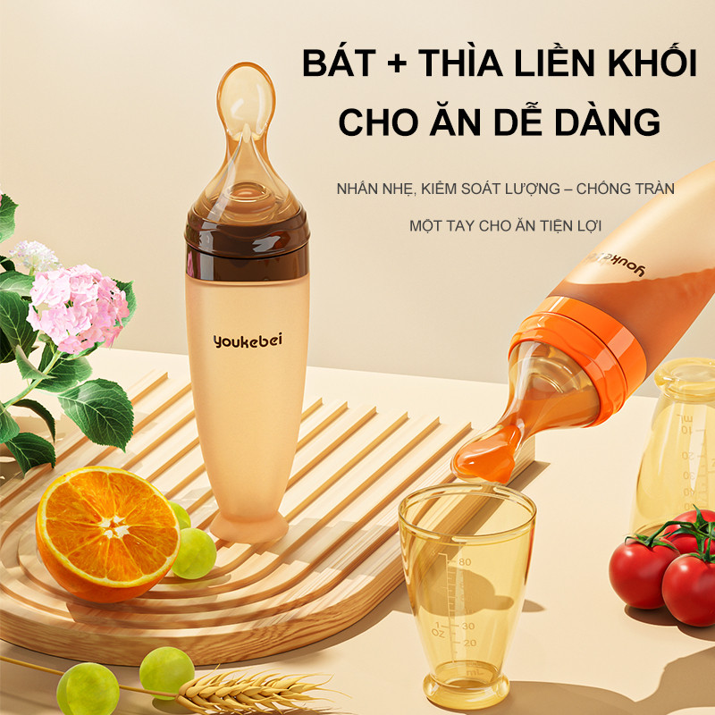 Bình thìa ăn dặm cho bé Youkebei Dung tích 120ml có vạch chia ml chất liệu silicone cao cấp chịu nhiệt độ cao an toàn