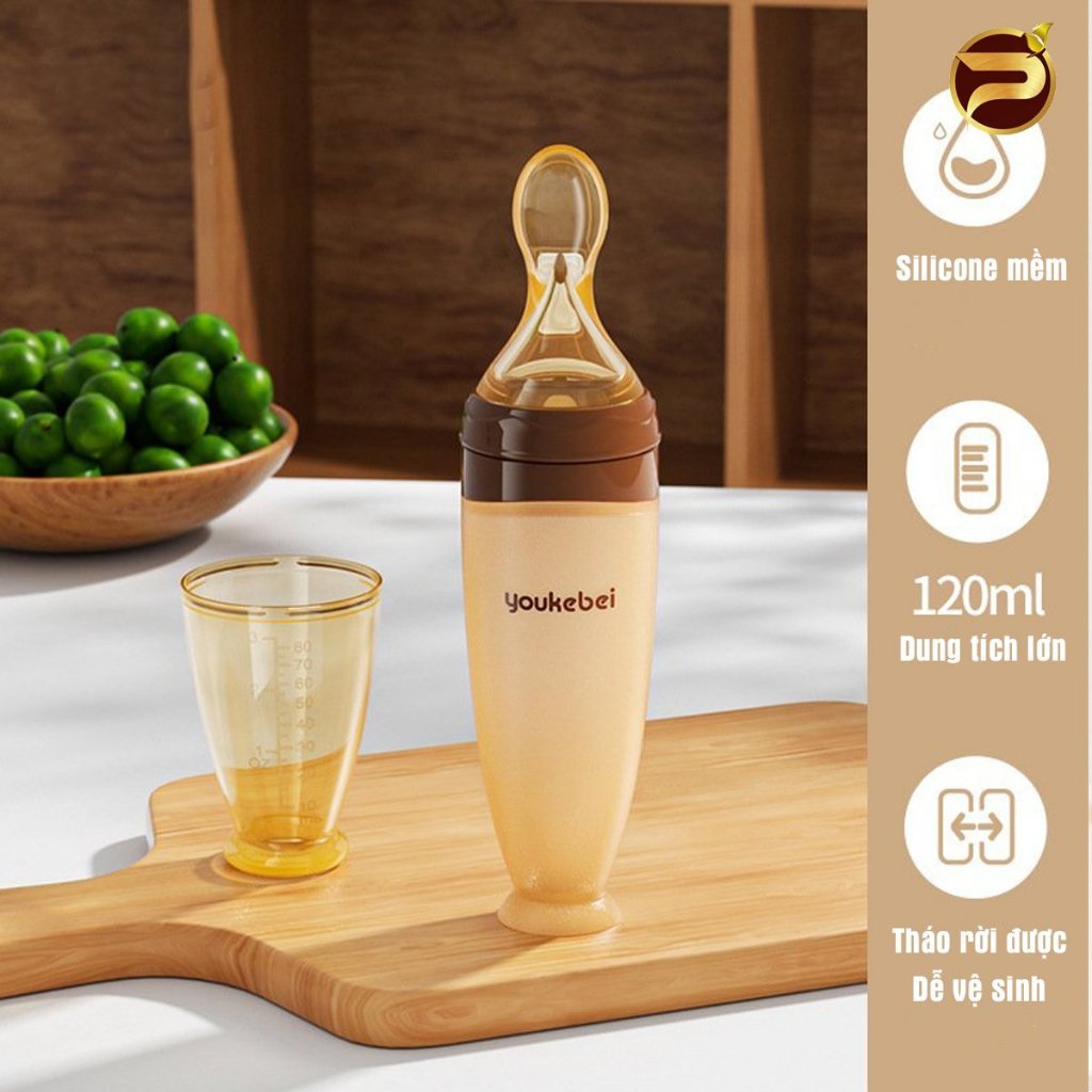 Bình thìa ăn dặm cho bé Youkebei Dung tích 120ml có vạch chia ml chất liệu silicone cao cấp chịu nhiệt độ cao an toàn