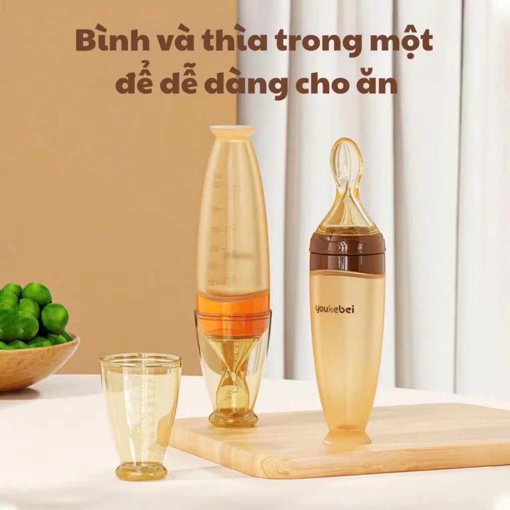 Bình thìa ăn dặm cho bé Youkebei Dung tích 120ml có vạch chia ml chất liệu silicone cao cấp chịu nhiệt độ cao an toàn