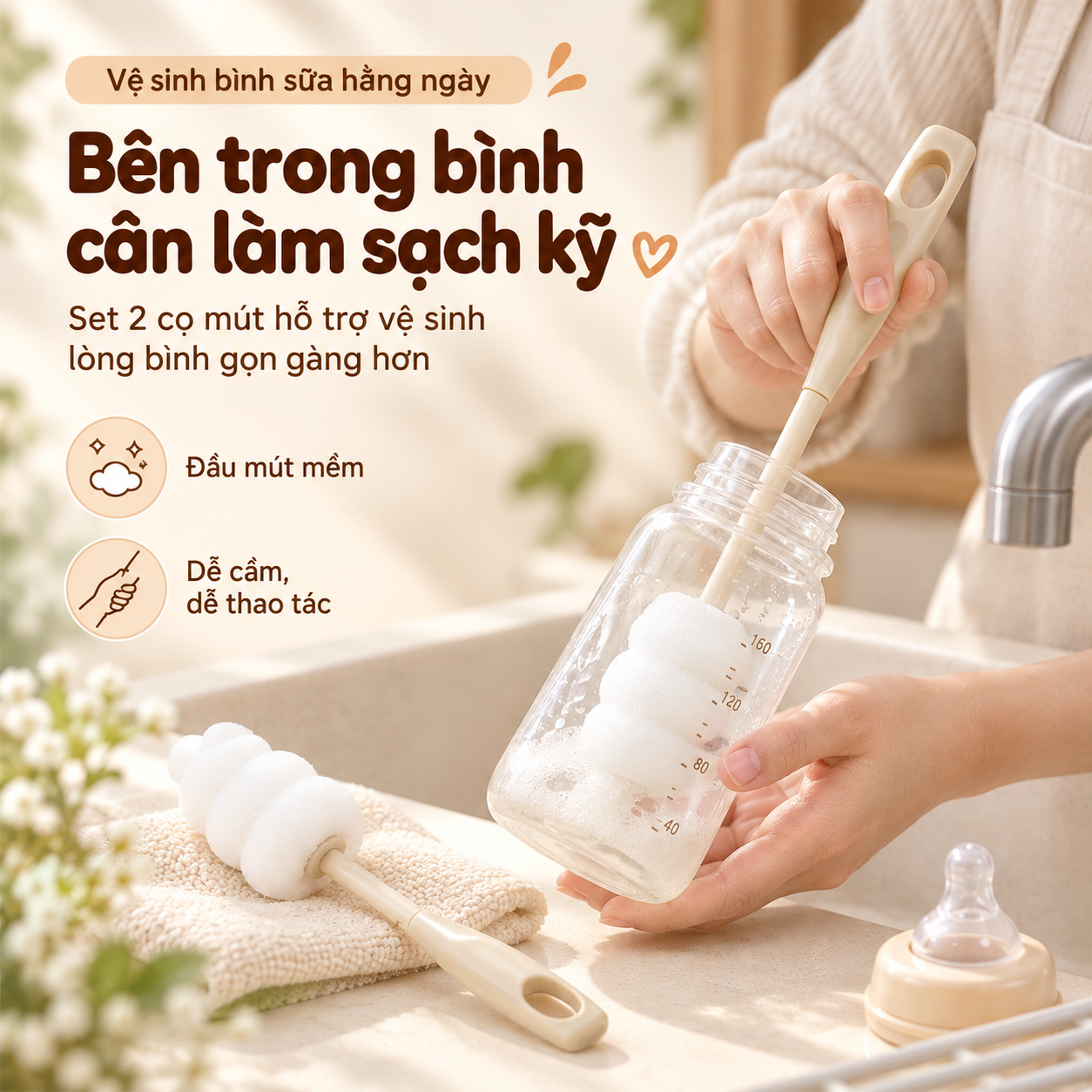 Bộ 2 cọ rửa bình sữa cho bé đầu mút mềm, cọ vệ sinh lòng bình sữa tay cầm dài có lỗ treo