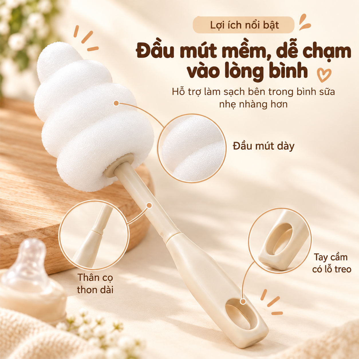 Bộ 2 cọ rửa bình sữa cho bé đầu mút mềm, cọ vệ sinh lòng bình sữa tay cầm dài có lỗ treo