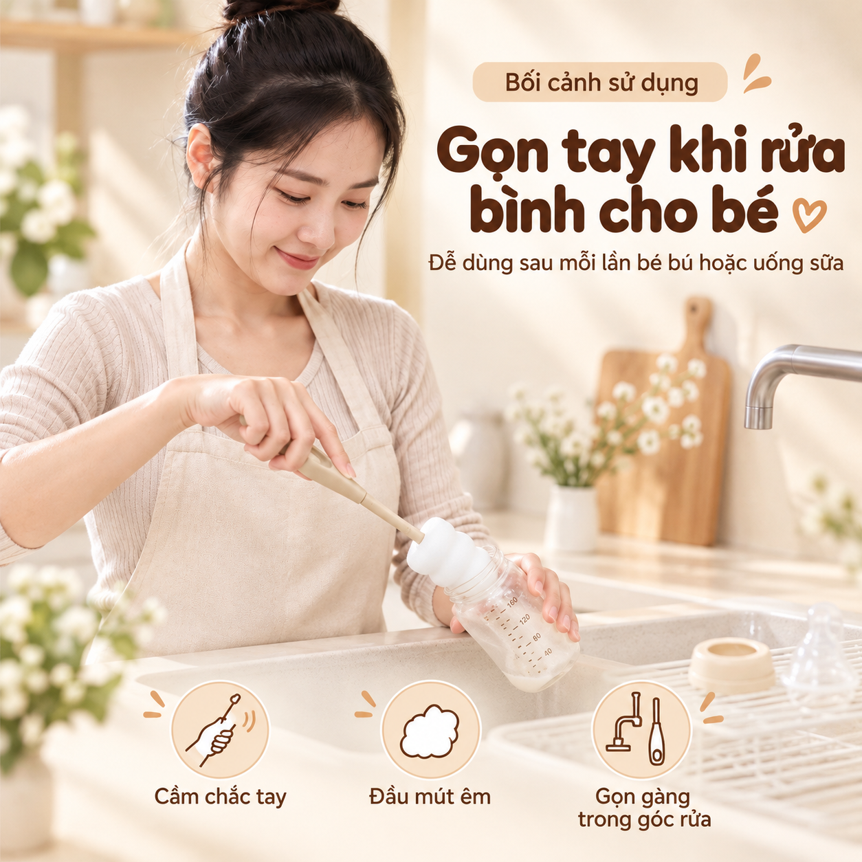Bộ 2 cọ rửa bình sữa cho bé đầu mút mềm, cọ vệ sinh lòng bình sữa tay cầm dài có lỗ treo