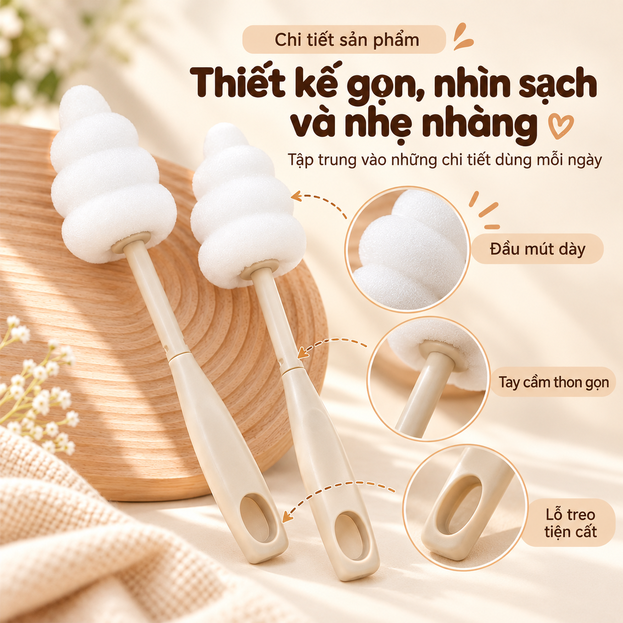 Bộ 2 cọ rửa bình sữa cho bé đầu mút mềm, cọ vệ sinh lòng bình sữa tay cầm dài có lỗ treo