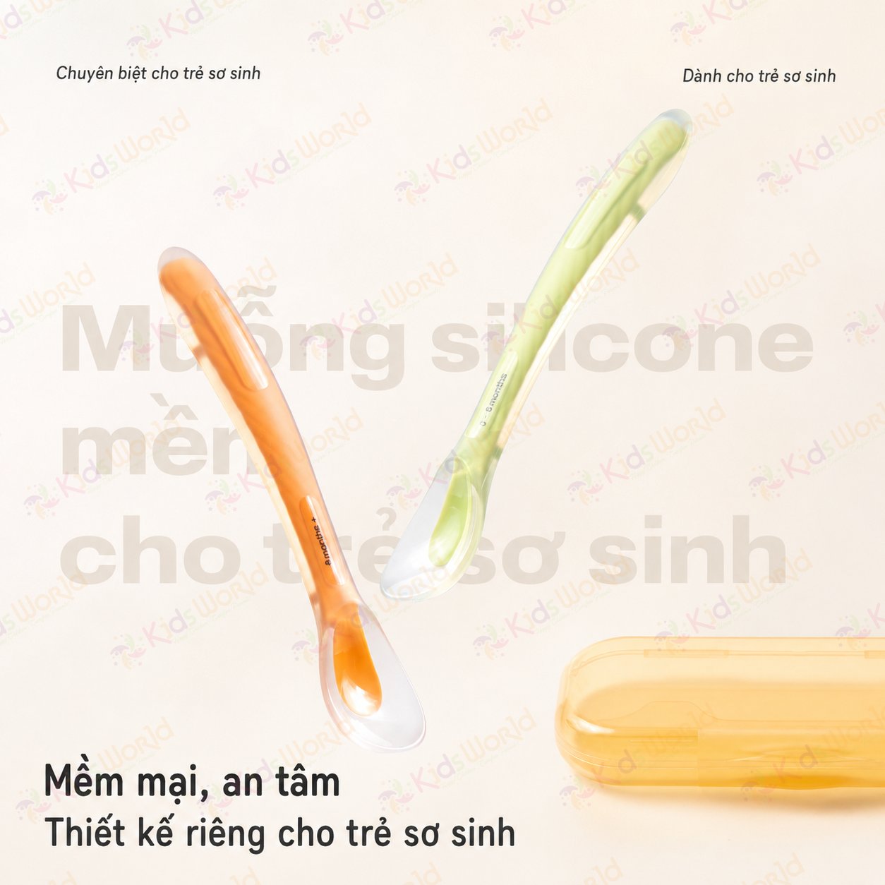 Bộ 2 thìa muỗng silicone mềm cho bé sơ sinh và ăn dặm 2 giai đoạn, đầu muỗng bo tròn, mềm dẻo, không BPA, kèm hộp đựng tiện lợi
