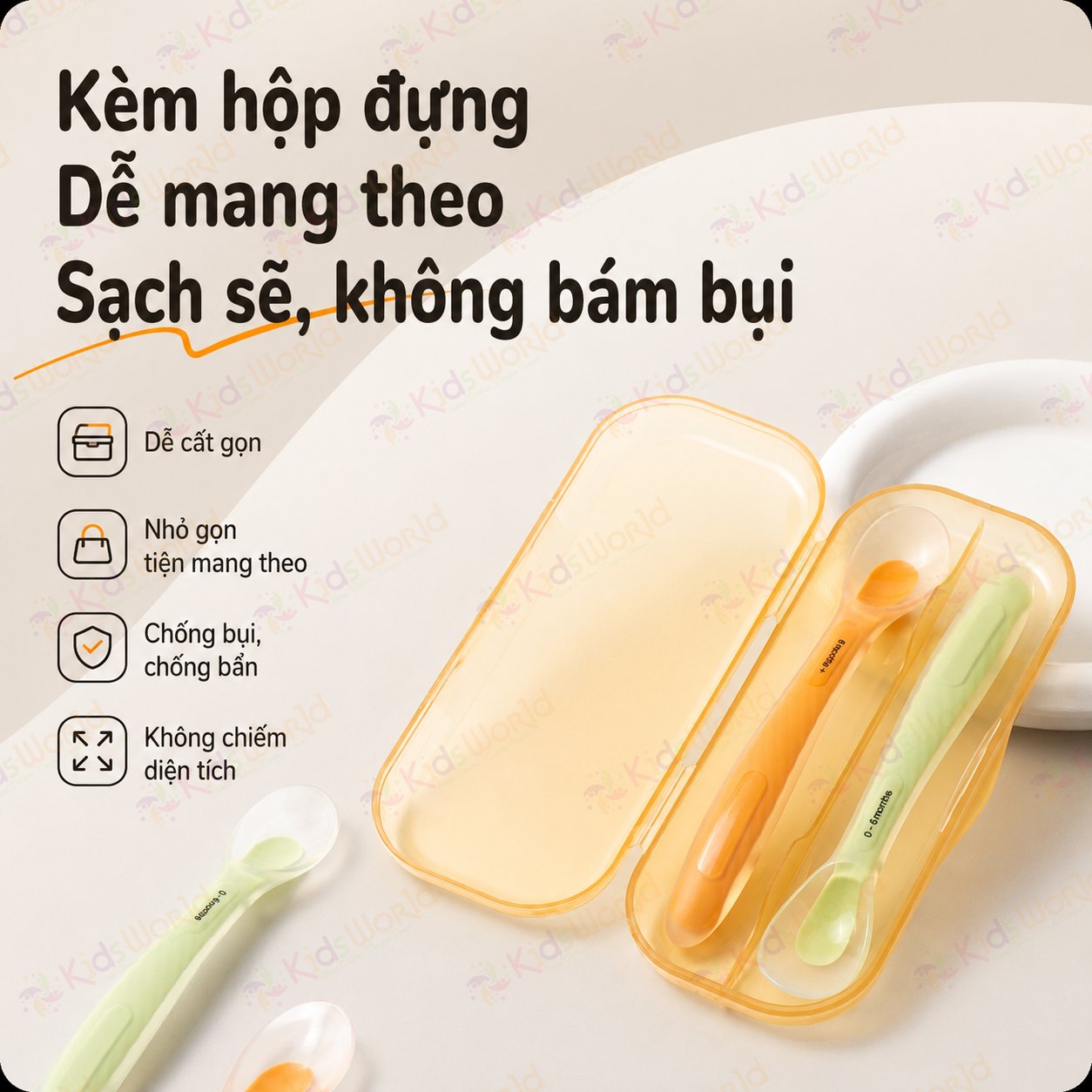 Bộ 2 thìa muỗng silicone mềm cho bé sơ sinh và ăn dặm 2 giai đoạn, đầu muỗng bo tròn, mềm dẻo, không BPA, kèm hộp đựng tiện lợi