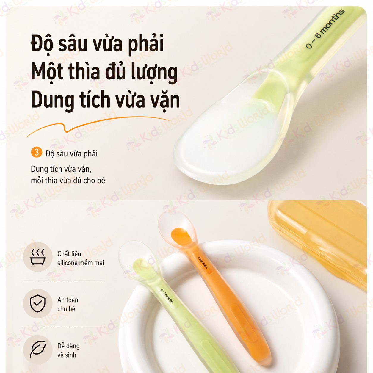Bộ 2 thìa muỗng silicone mềm cho bé sơ sinh và ăn dặm 2 giai đoạn, đầu muỗng bo tròn, mềm dẻo, không BPA, kèm hộp đựng tiện lợi