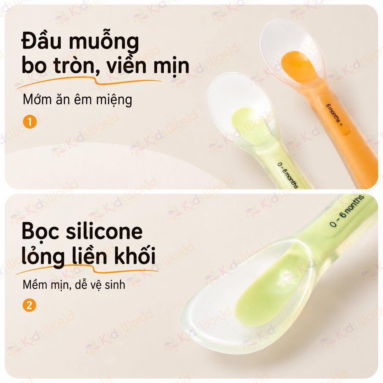 Bộ 2 thìa muỗng silicone mềm cho bé sơ sinh và ăn dặm 2 giai đoạn, đầu muỗng bo tròn, mềm dẻo, không BPA, kèm hộp đựng tiện lợi