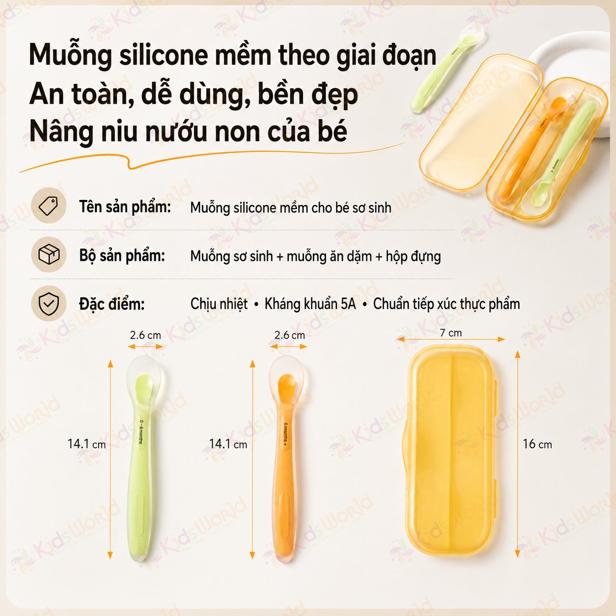Bộ 2 thìa muỗng silicone mềm cho bé sơ sinh và ăn dặm 2 giai đoạn, đầu muỗng bo tròn, mềm dẻo, không BPA, kèm hộp đựng tiện lợi