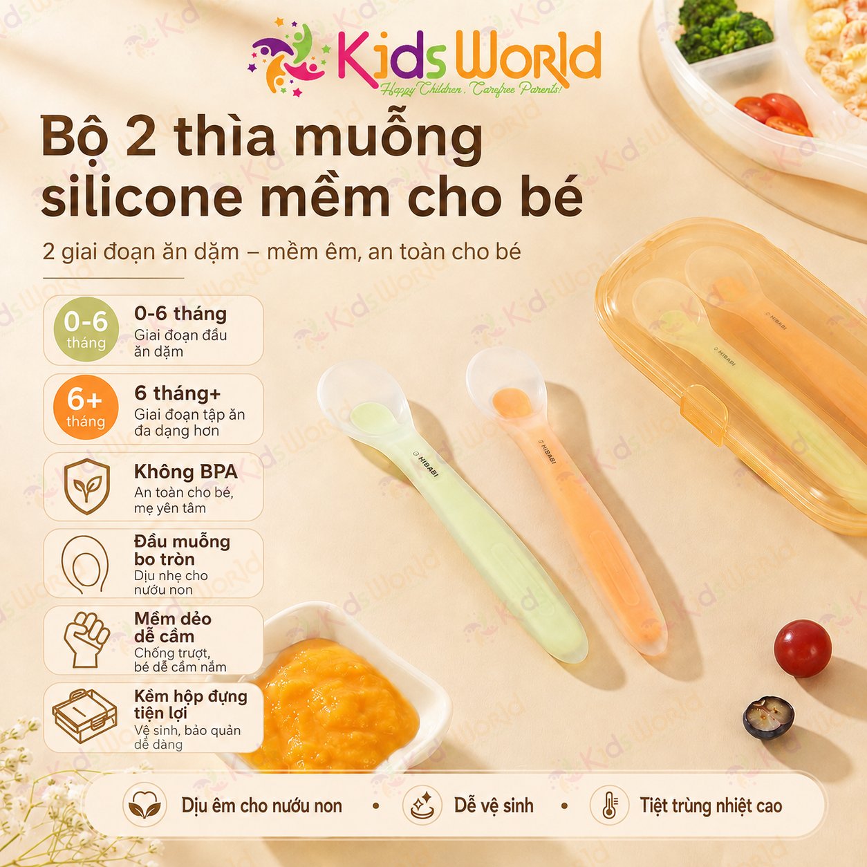 Bộ 2 thìa muỗng silicone mềm cho bé sơ sinh và ăn dặm 2 giai đoạn, đầu muỗng bo tròn, mềm dẻo, không BPA, kèm hộp đựng tiện lợi