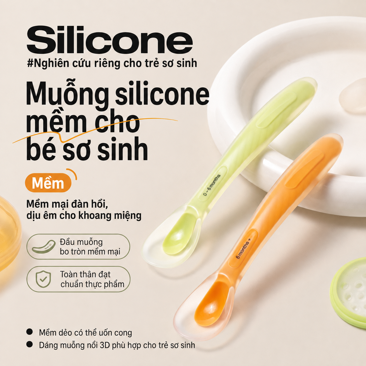 Bộ 2 thìa muỗng silicone mềm cho bé sơ sinh và ăn dặm 2 giai đoạn, đầu muỗng bo tròn, mềm dẻo, không BPA, kèm hộp đựng tiện lợi